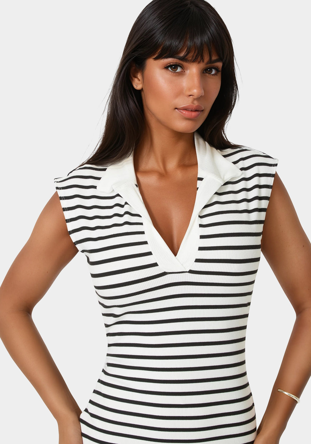 Stripe Rib Column Dress with Collar