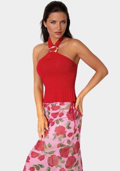 Halter Neck Ribbed-Knit Top