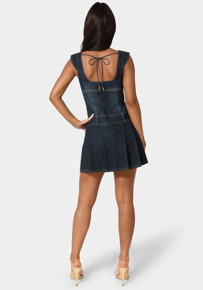 Pleated Skort Denim Dress