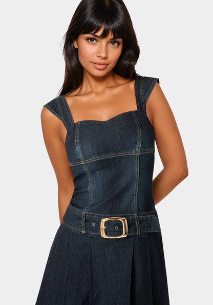 Pleated Skort Denim Dress