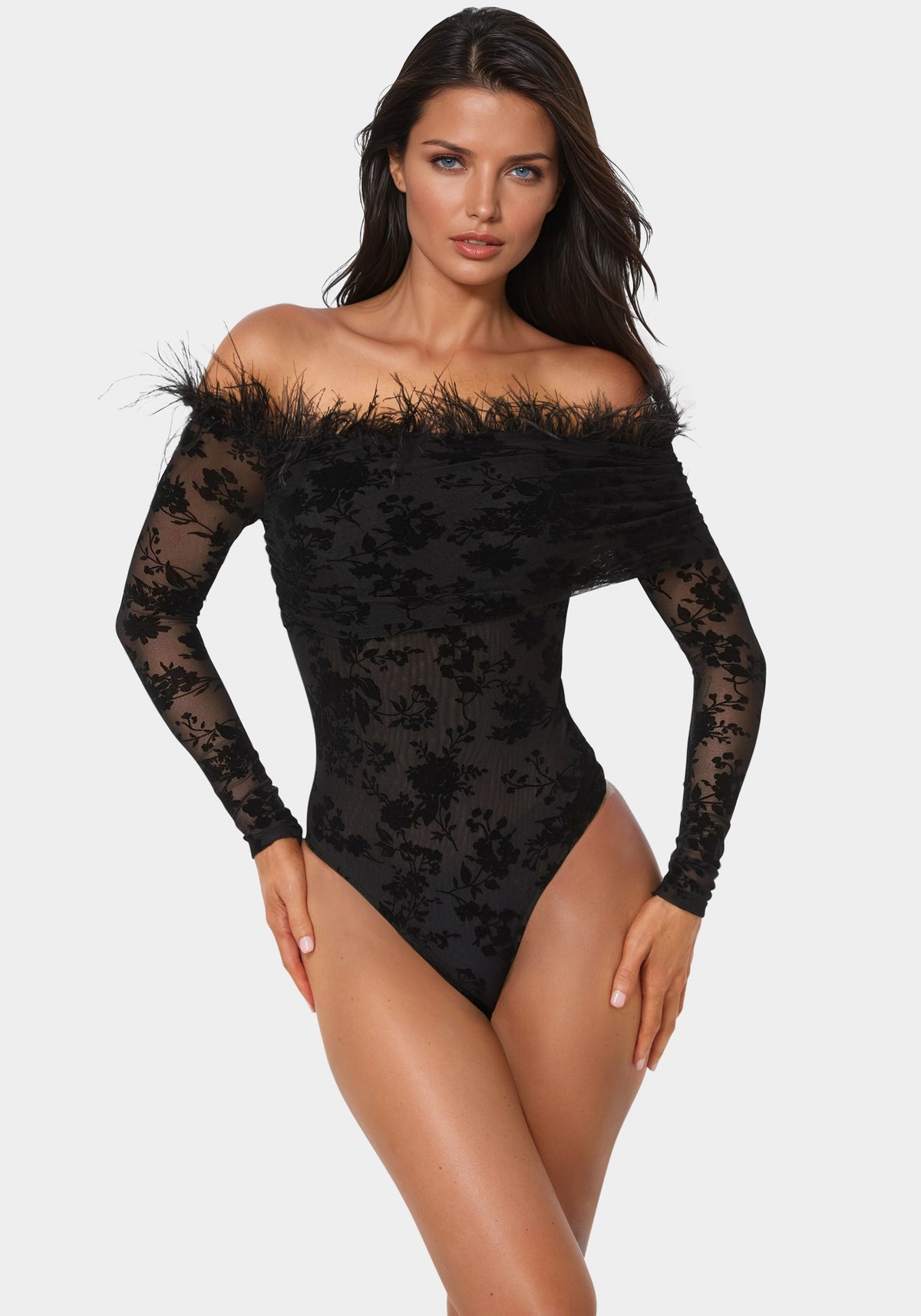 Off Shoulder Feather Bodysuit