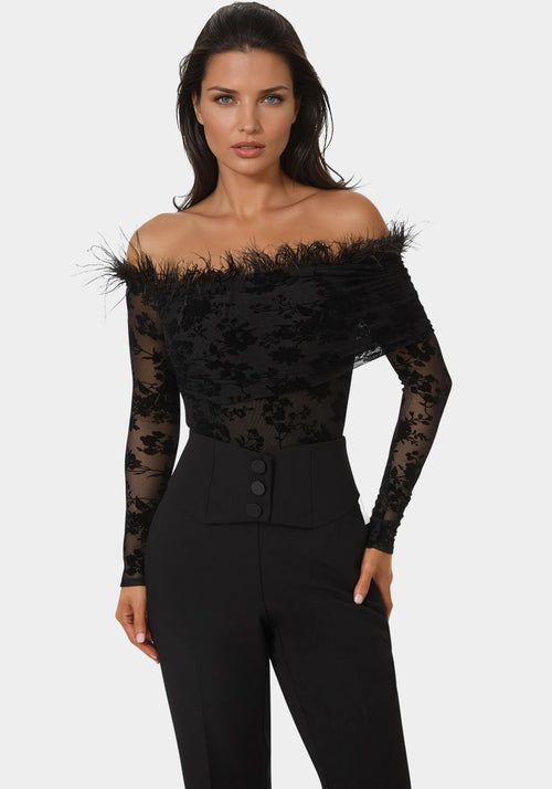 Off Shoulder Feather Bodysuit