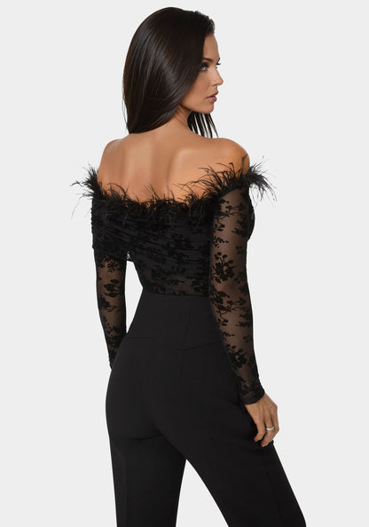 Off Shoulder Feather Bodysuit