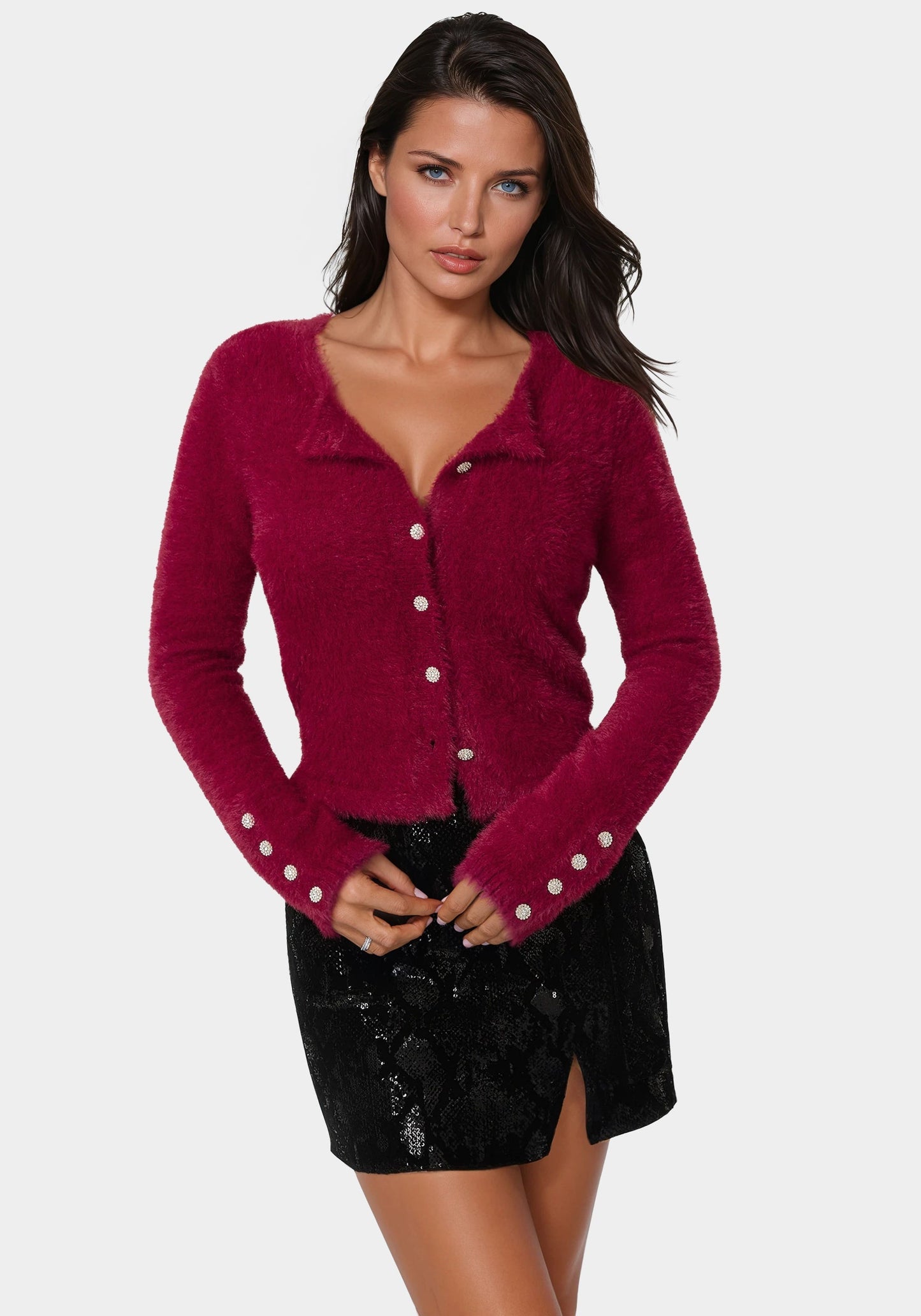 Jewel Button Fuzzy Cardigan