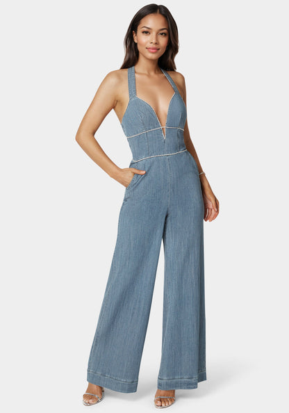 Embellished Wide Leg Halter Denim Jumpsuit