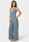 Embellished Wide Leg Halter Denim Jumpsuit