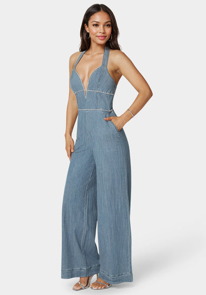 Embellished Wide Leg Halter Denim Jumpsuit