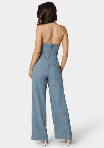 Embellished Wide Leg Halter Denim Jumpsuit