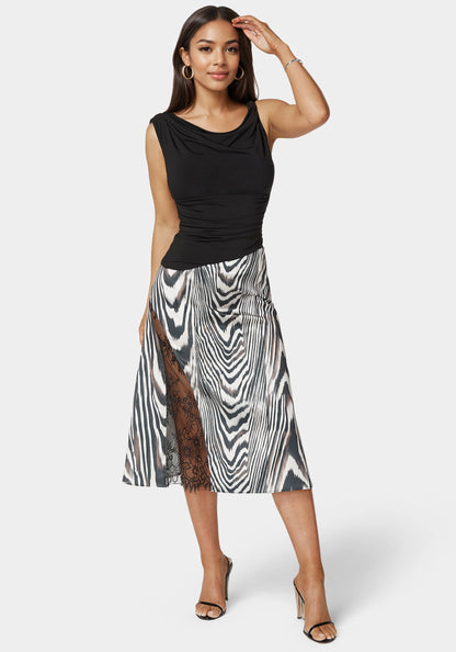 Asymmetrical Lace Insert Satin Skirt