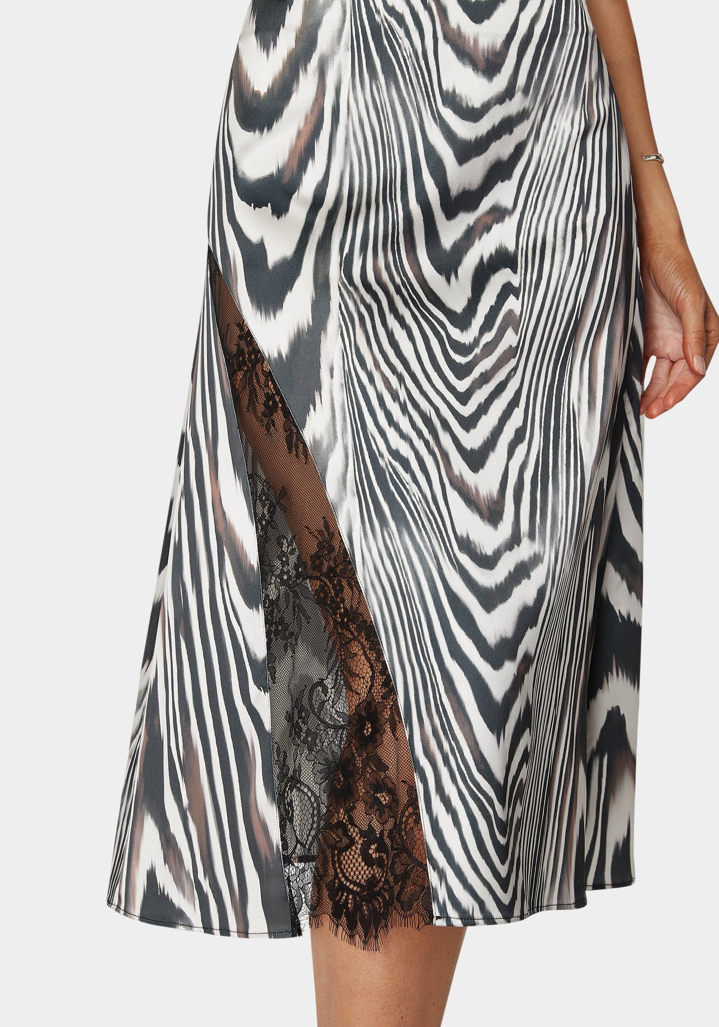 Asymmetrical Lace Insert Satin Skirt