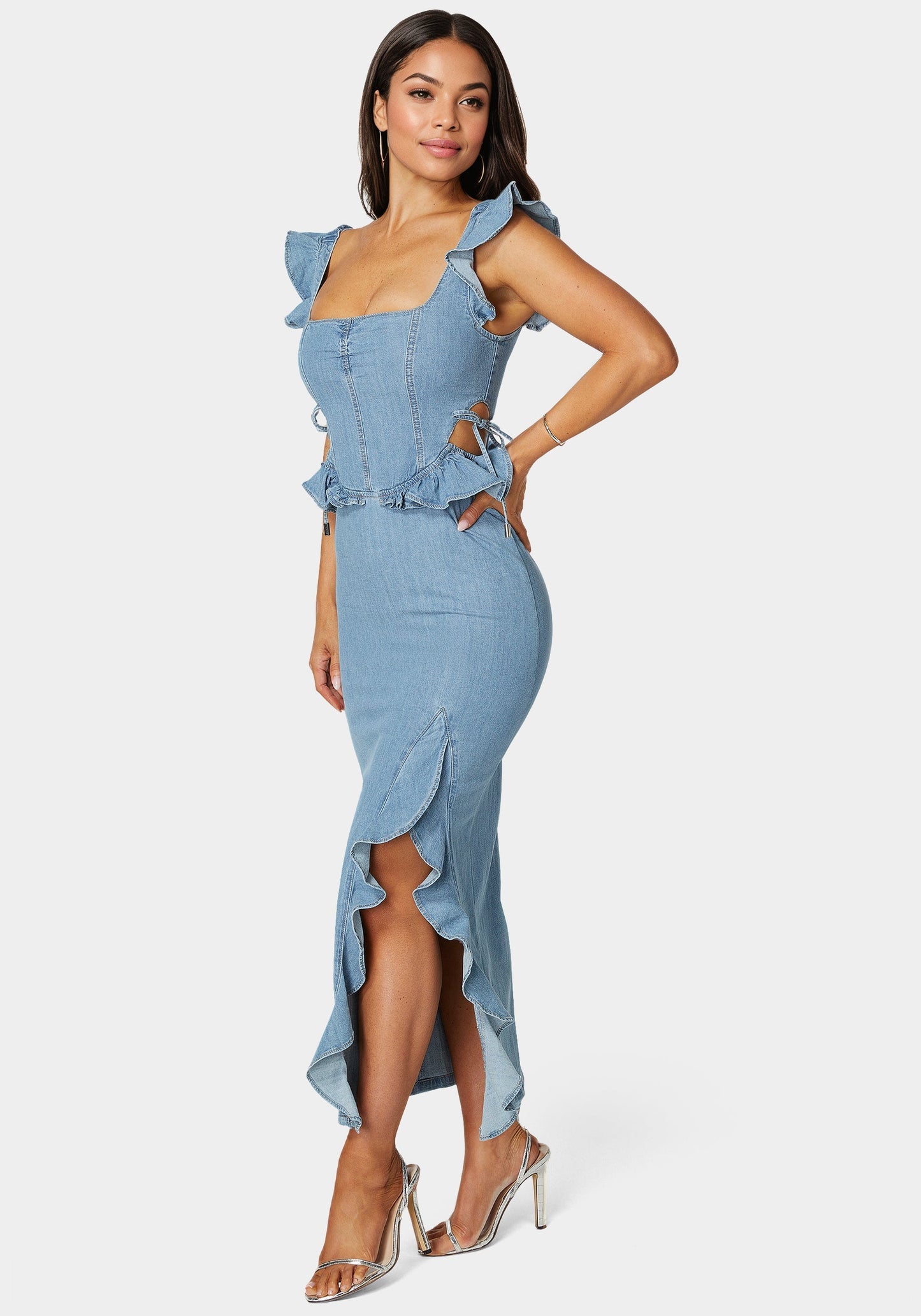 Light Weight Ruffle Detail Denim Dress