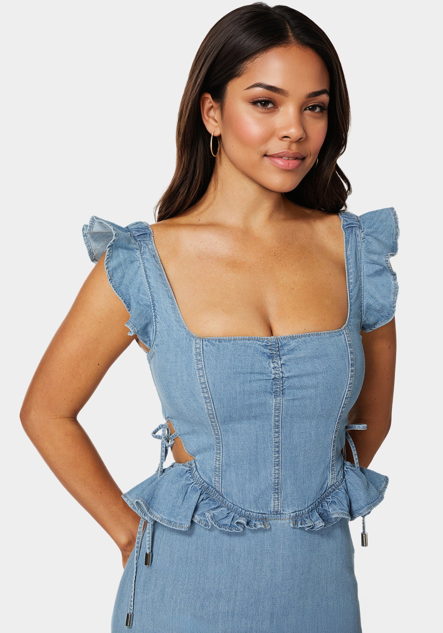 Light Weight Ruffle Detail Denim Dress