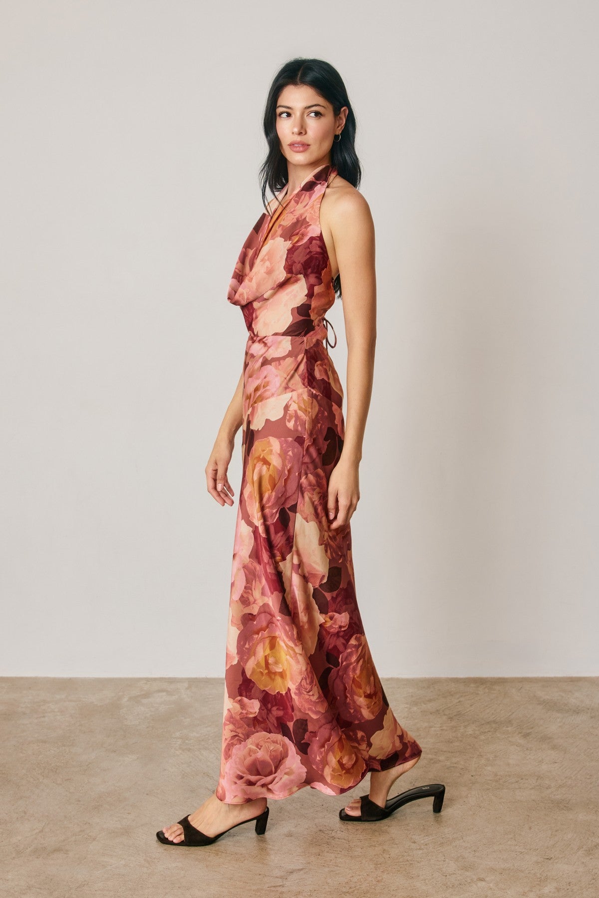 Waitlist 9/5 • Carina Sleeveless Halter Open Back Floral Print Maxi Dress Brown