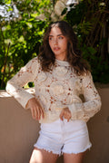 Doreen Long Sleeve 3D Floral Crochet Knit Top Natural