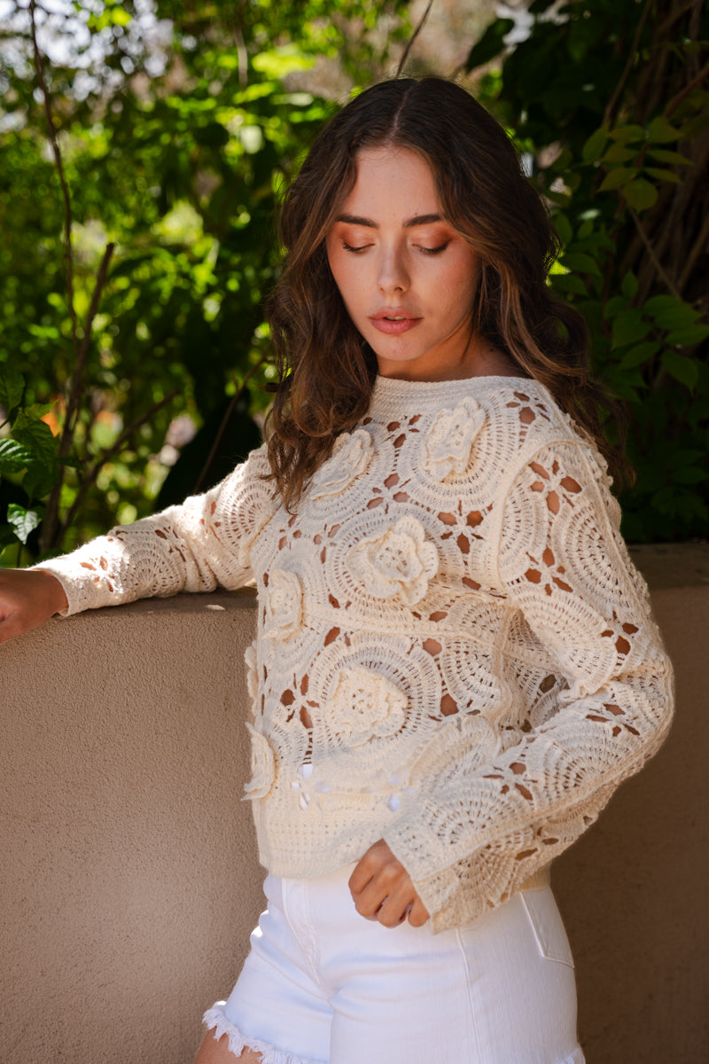 Doreen Long Sleeve 3D Floral Crochet Knit Top Natural
