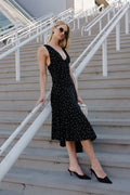 Pippa Sleeveless Asymmetrical Polka Dot Print Midi Dress Black