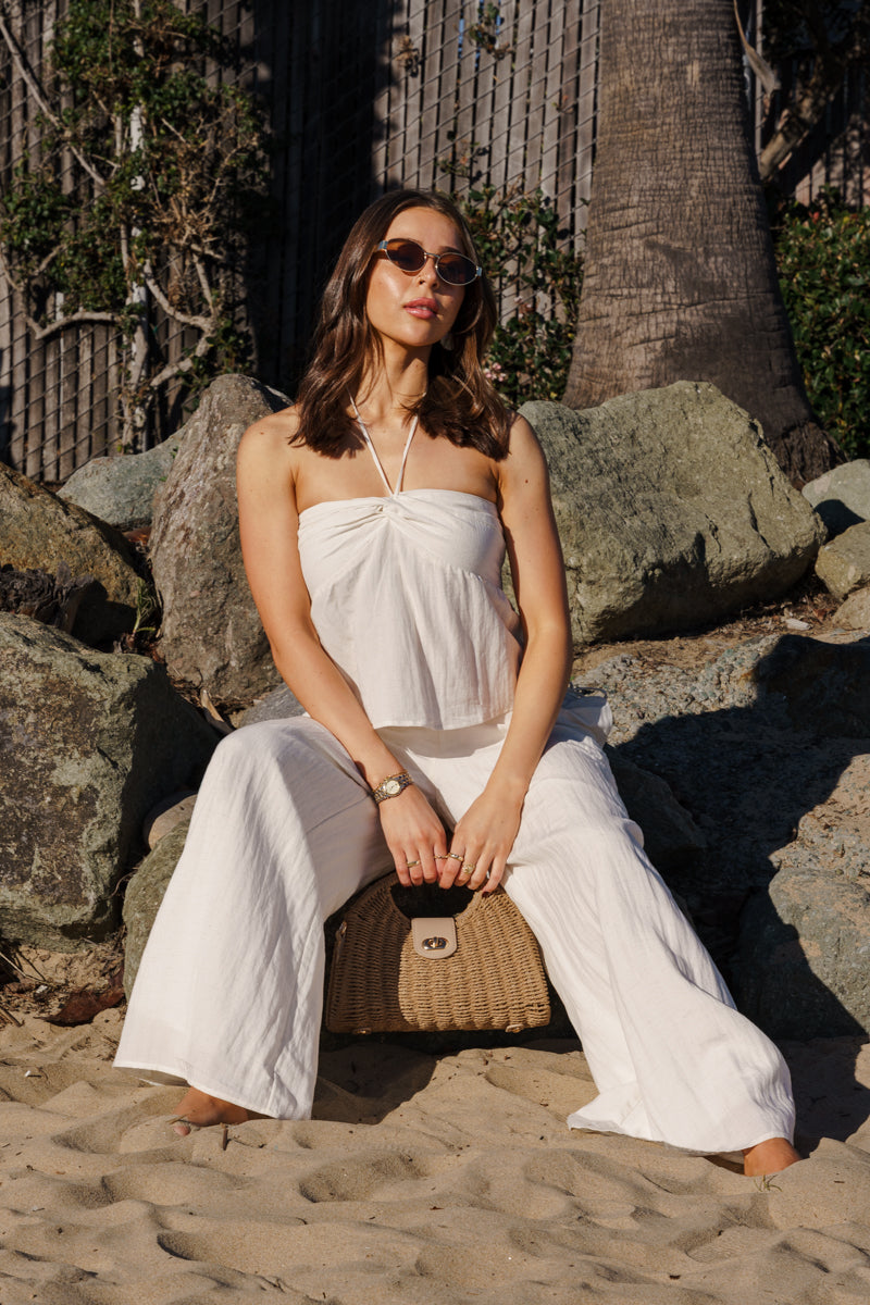 Tracy Sleeveless Halter Twist Front Top Oatmeal