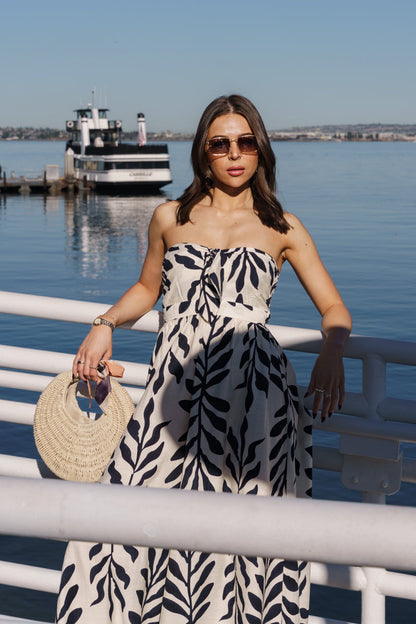 Desma Sleeveless Back Tie Tropical Print Wide Leg Jumpsuit Navy