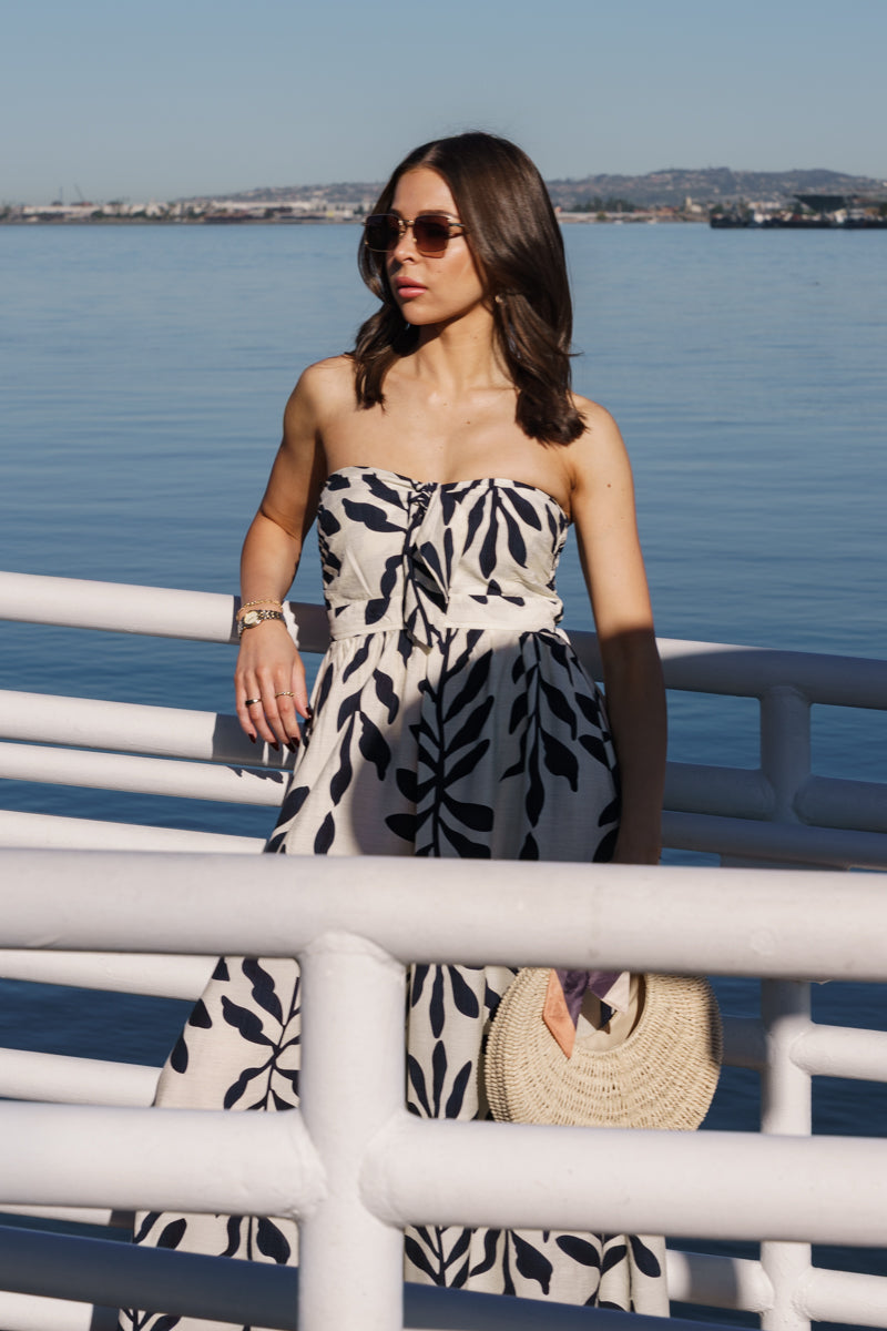 Desma Sleeveless Back Tie Tropical Print Wide Leg Jumpsuit Navy