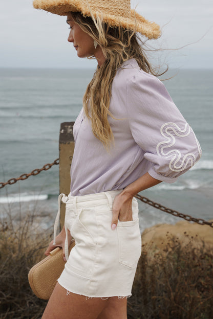 Dolly 3/4 Sleeve Embroidered Abstract Top Lilac