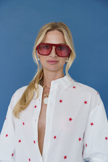 Tori 3/4 Puff Sleeve Button Down Star Print Top White