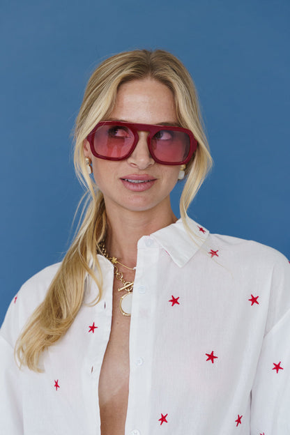 Tori 3/4 Puff Sleeve Button Down Star Print Top White
