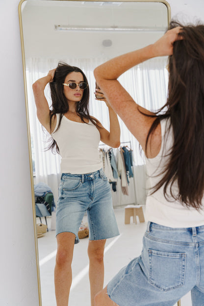 Lilly High Rise Raw Hem Denim Bermuda Shorts Medium Wash