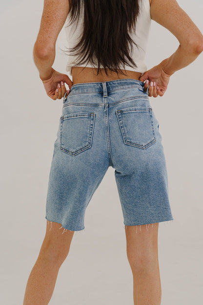 Lilly High Rise Raw Hem Denim Bermuda Shorts Medium Wash