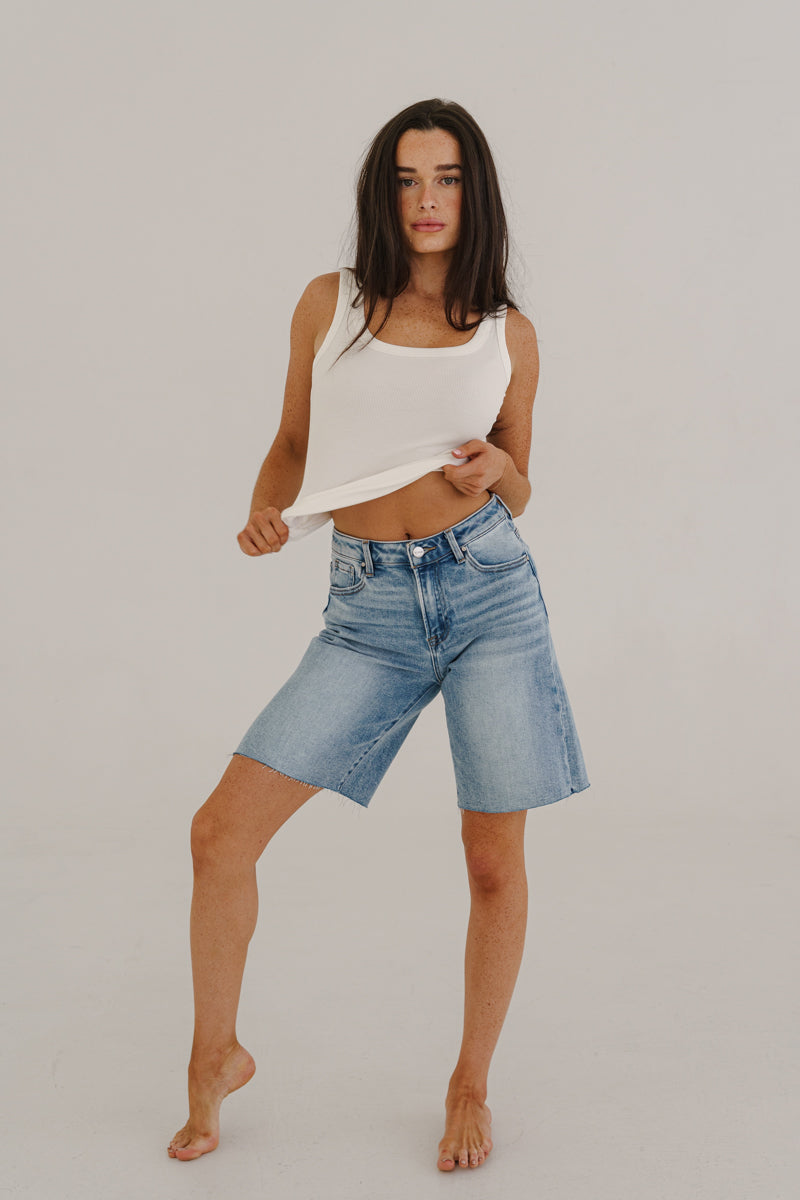 Lilly High Rise Raw Hem Denim Bermuda Shorts Medium Wash