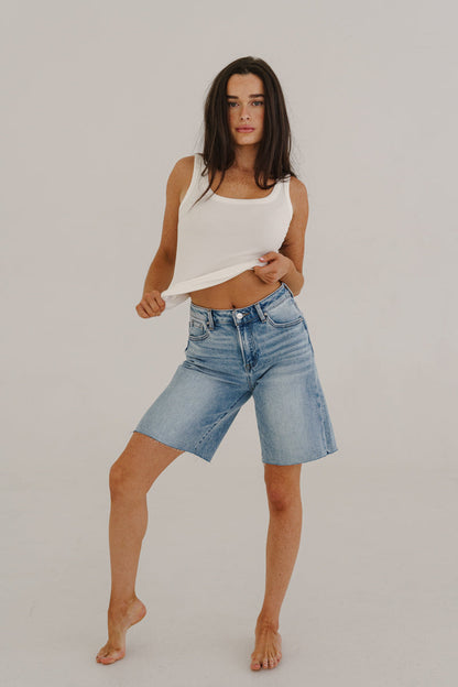 Lilly High Rise Raw Hem Denim Bermuda Shorts Medium Wash