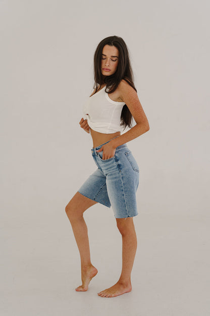Lilly High Rise Raw Hem Denim Bermuda Shorts Medium Wash