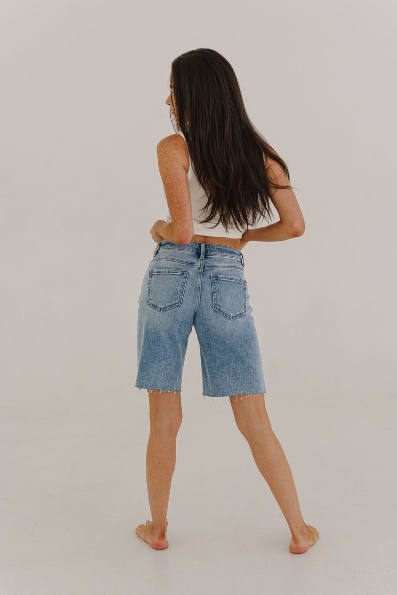 Lilly High Rise Raw Hem Denim Bermuda Shorts Medium Wash