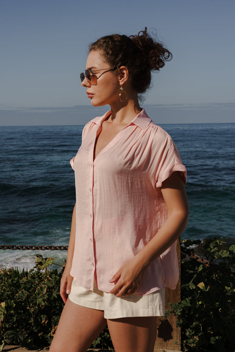 Callie Short Sleeve Button Down Top Pink