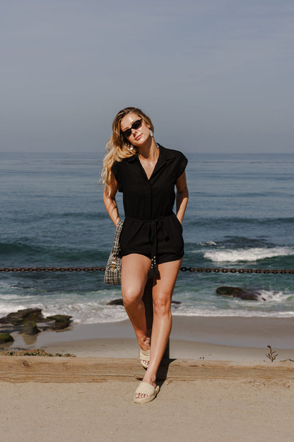 Diane Short Sleeve Button Down Waist Tie Romper Black