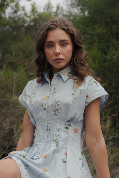 Shiloh Sleeveless Button Down Floral Print Midi Dress Blue