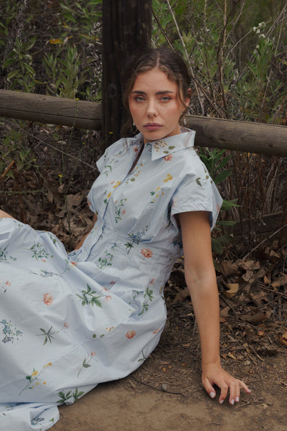 Shiloh Sleeveless Button Down Floral Print Midi Dress Blue