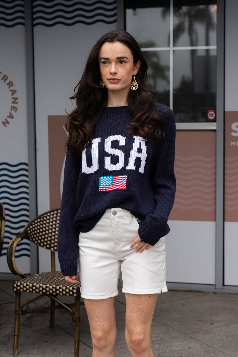 America Print Long Sleeve Sweater Navy