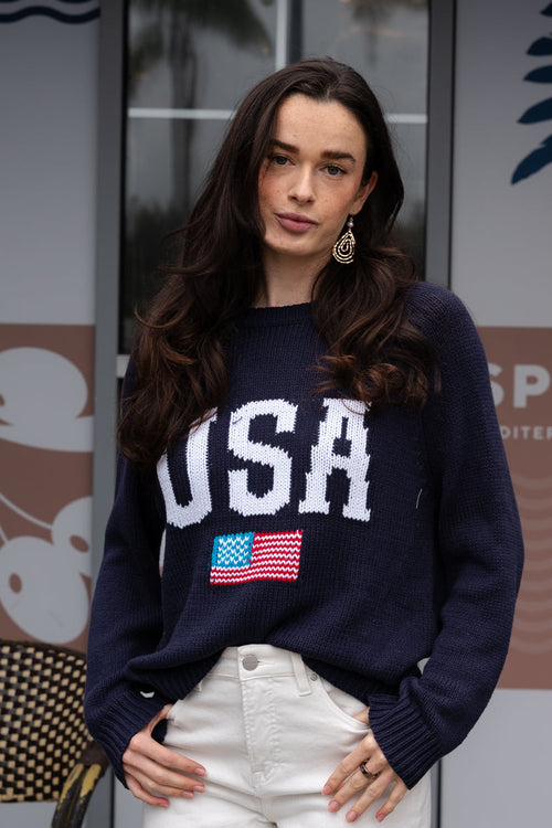 America Print Long Sleeve Sweater Navy
