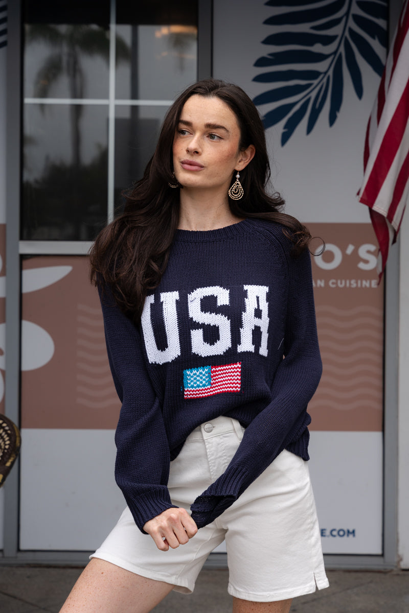 America Print Long Sleeve Sweater Navy