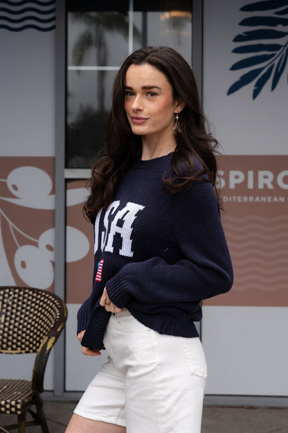 America Print Long Sleeve Sweater Navy