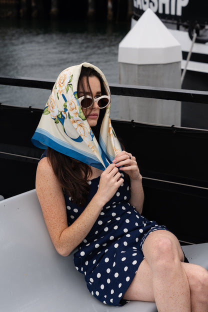 Kari Floral Print Square Petal Print Scarf White Blue