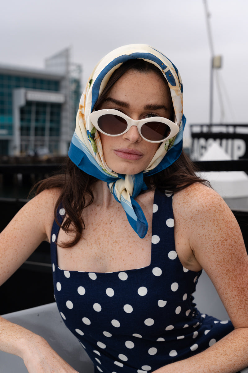 Kari Floral Print Square Petal Print Scarf White Blue