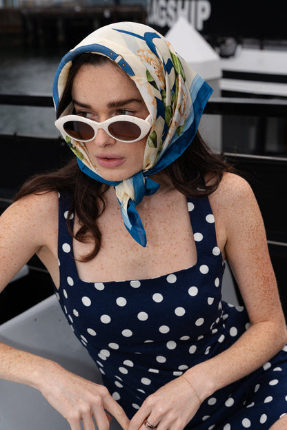 Kari Floral Print Square Petal Print Scarf White Blue
