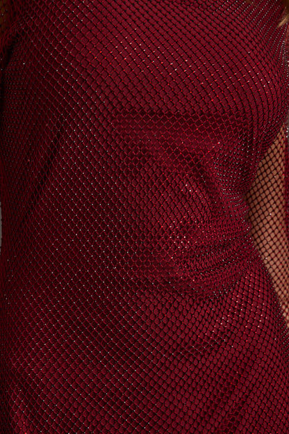 Anna Mulberry Rhinestone Mesh Mini Dress