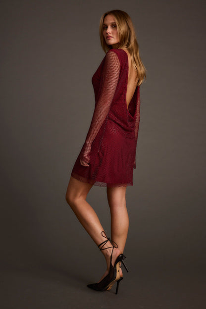 Anna Mulberry Rhinestone Mesh Mini Dress