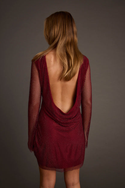 Anna Mulberry Rhinestone Mesh Mini Dress