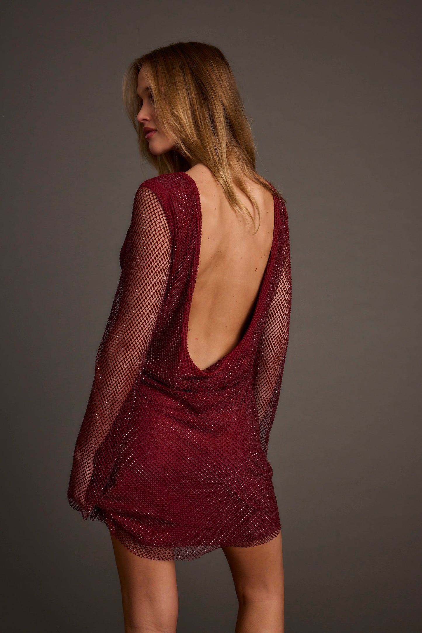Anna Mulberry Rhinestone Mesh Mini Dress
