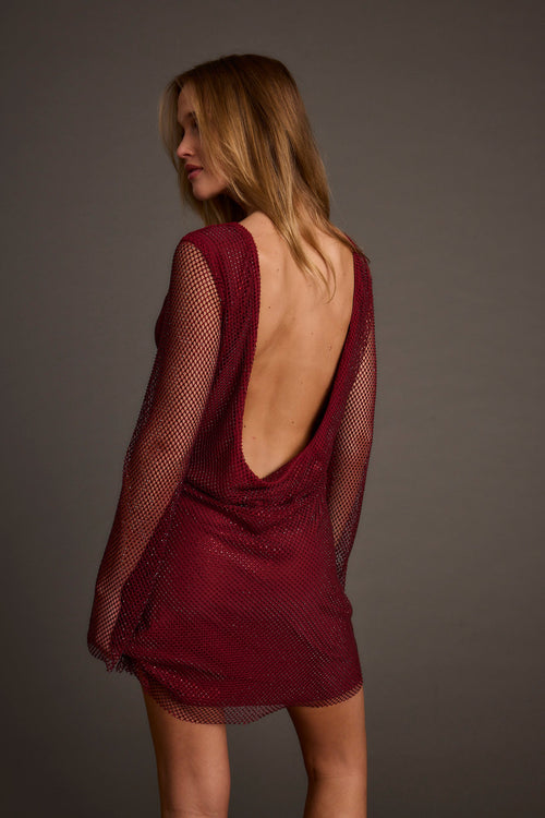 Anna Mulberry Rhinestone Mesh Mini Dress