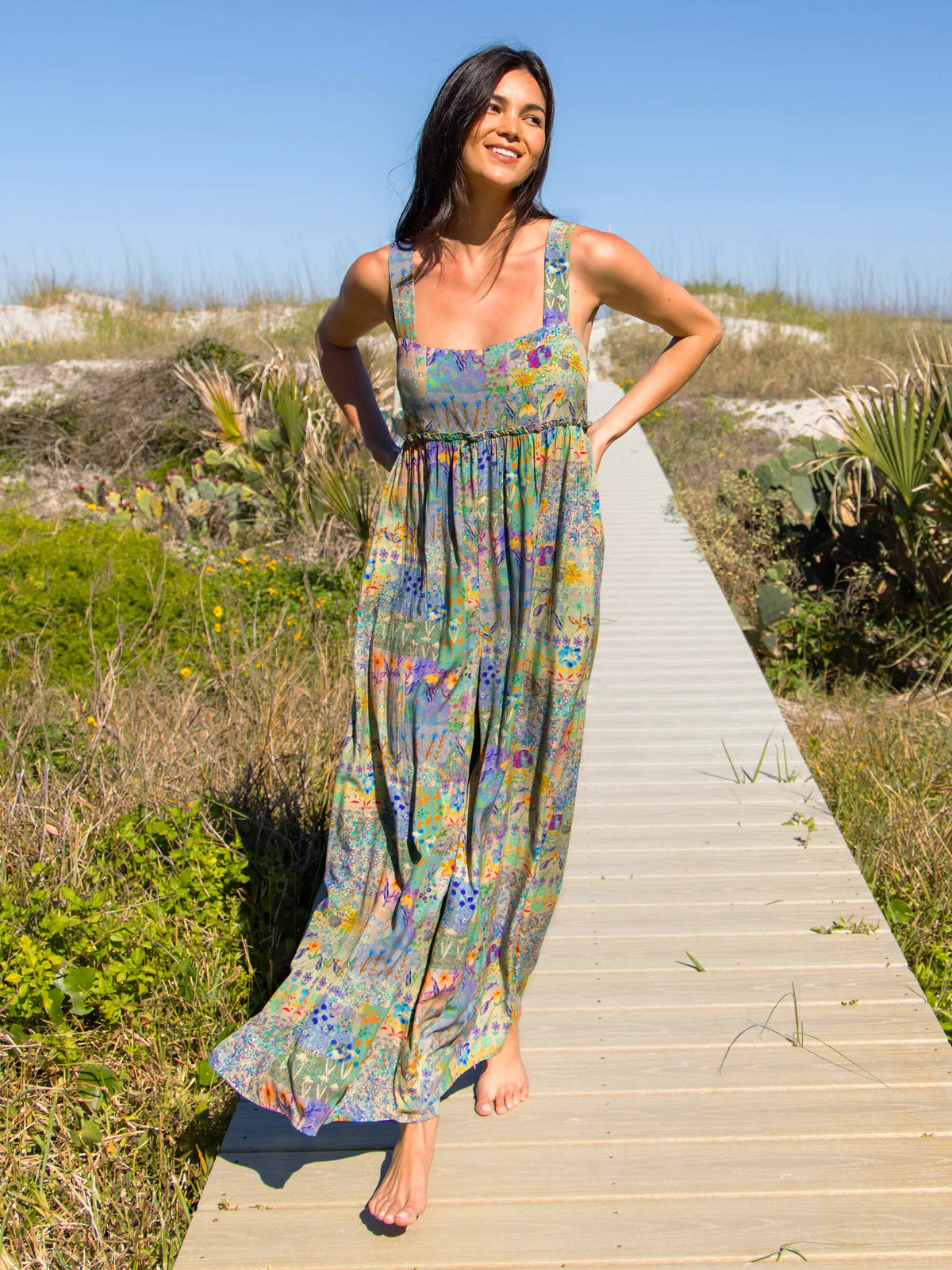 Gabi Jumpsuit - Blue Watercolor Patchwork