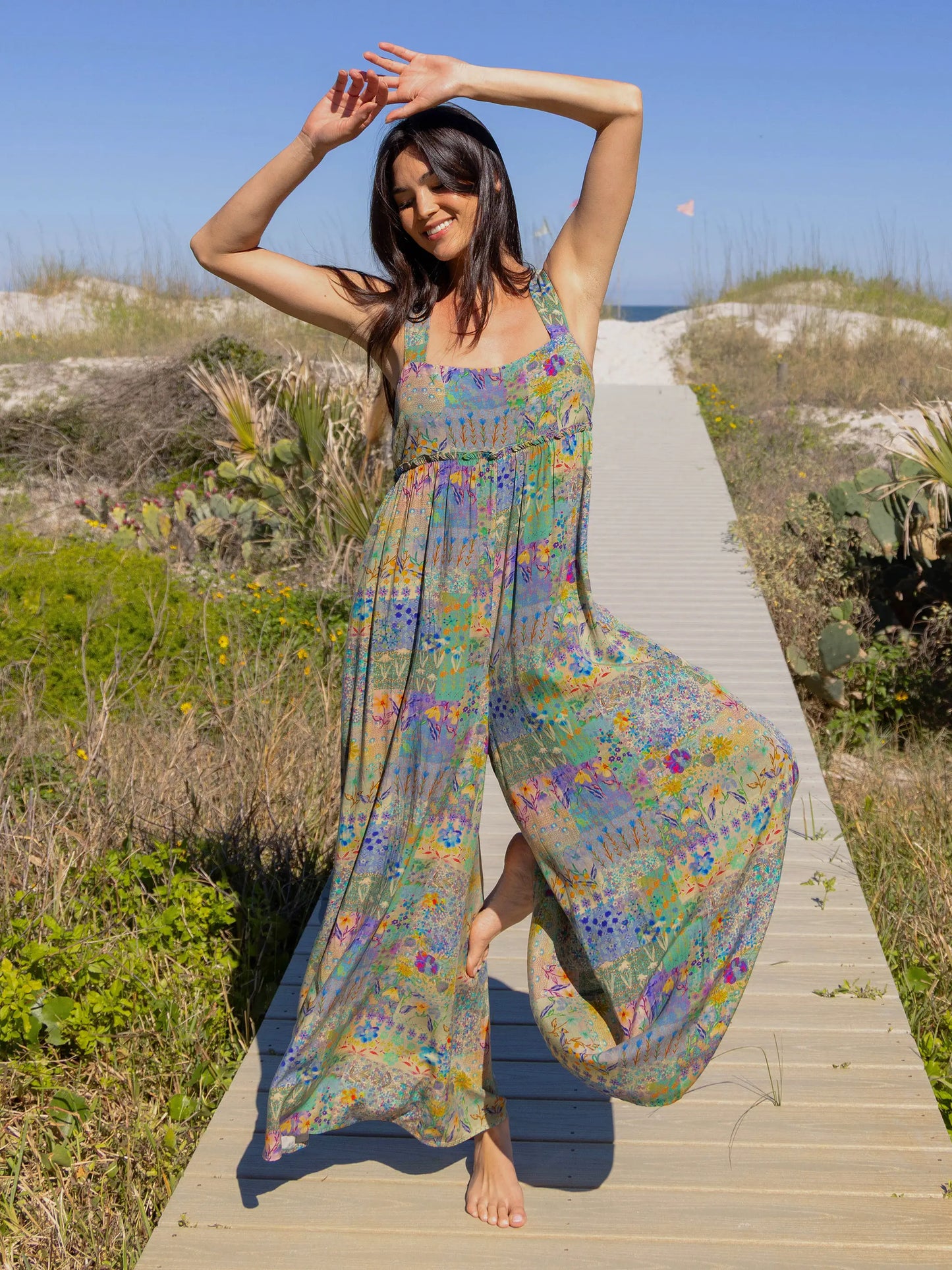Gabi Jumpsuit - Blue Watercolor Patchwork